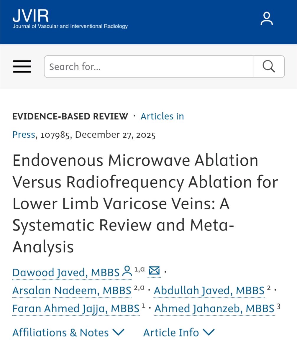 dawood_j98's tweet photo. Our meta-analysis compares MWA and RFA for lower limb varicose veins (887 patients).

✅ Similar 1-yr occlusion rates.
✅ Comparable safety &amp; QoL outcomes.
⏱️ RFA may offer slightly shorter operative time/hospital stay. 

Full text: https://t.co/kTNLAwPoCJ

@thedocarsalan https://t.co/tBZvIVsmGF