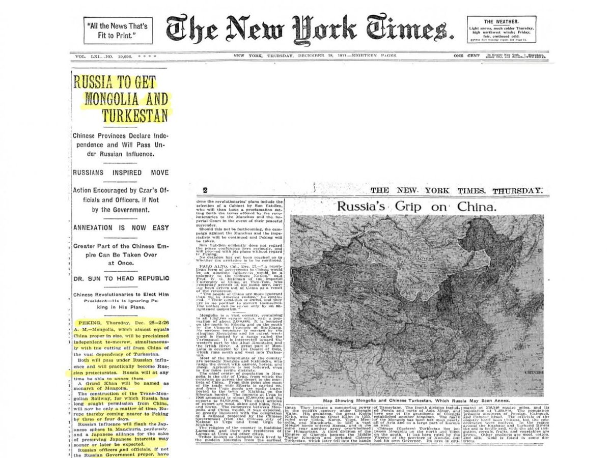 Тусгаар тогтнолын өдрийн мэнд. 1911 оны 12-р сарын 28-нд Нью-Иорк таймс дээр гарсан нийтлэл бүрэн эхээрээ. Гарчиг анхаарал татаж бн.
