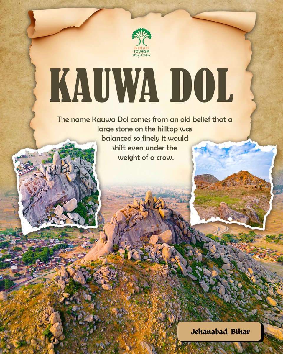 TourismBiharGov's tweet image. Did you know?

Kauwa Dol is an ancient #archaeological site named “crow’s swing,” known for its uniquely balanced stone, rock-cut #sculptures and #ancient caves showcasing Bihar’s rich spiritual heritage.

#KauwaDol #ArchaeologicalSite #HiddenGem #BiharTourism #Jehanabad