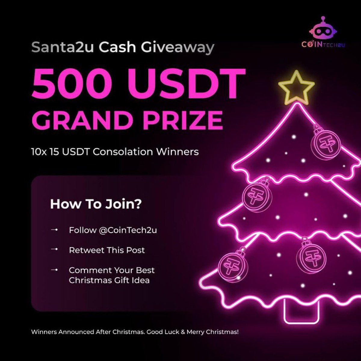 🎄 $500 USDT Giveaway dari <a href="/CoinTech2u/">CoinTech2u</a>

Akhir tahun ini, CoinTech2u kasih hadiah spesial buat komunitas, 500 USDT gratis di Christmas Giveaway.

Cara ikutannya:
1️⃣ Follow <a href="/CoinTech2u/">CoinTech2u</a>
2️⃣ Retweet postingan ini: x.com/CoinTech2u/sta…
3️⃣ Comment ide hadiah terbaik versi kamu +