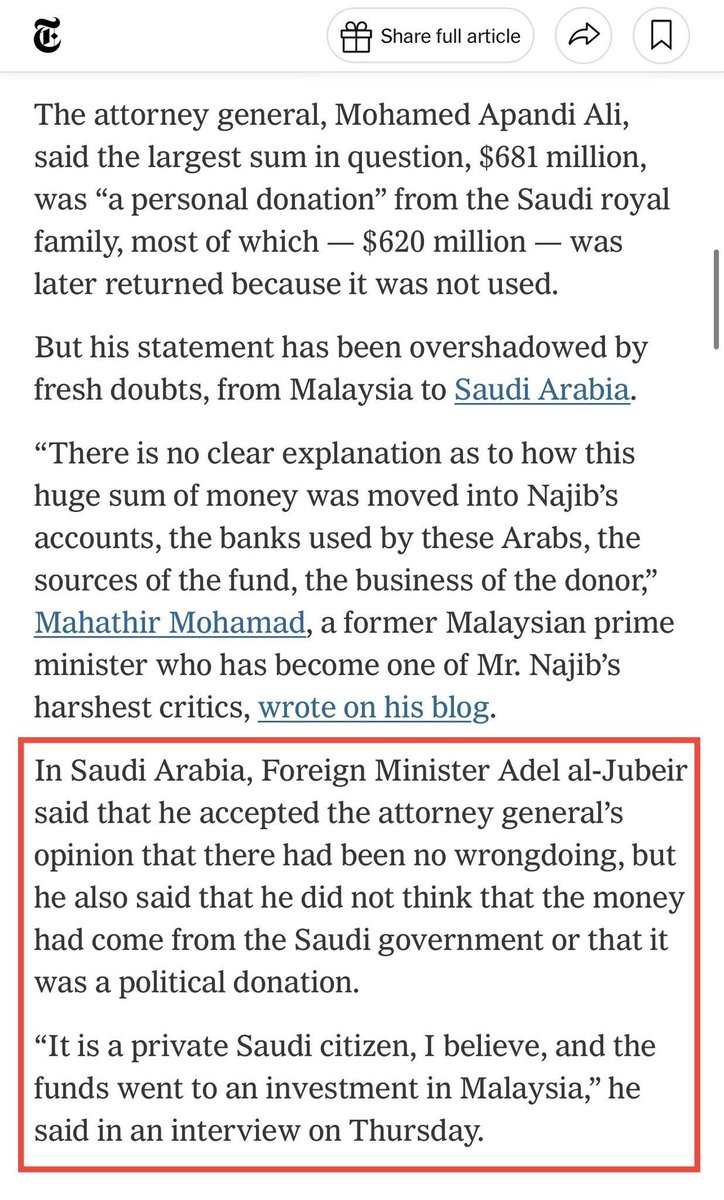 liyana_marzuki's tweet photo. [1MDB]: MELAWAN PROPAGANDA
Siri 2: Menteri Luar Arab Saudi 

Siri 1 kita dah belajar yang Lawyer Shafee masukkan surat FOTOSTAT sebagai bukti derma datang dari Raja Arab. 

Bilamana TPR masukkan bukti aliran wang dari BNM dan swift code antarabangsa yang tunjukkan dana yang masuk dalam akaun PM6 sememangnya dari 1MDB. 

Di Mahkamah, Hakim sudah putuskan derma Raja Arab itu satu dogengan. 

Di luar Mahkamah, team media dan propagandis pula canang video dan media Menteri Luar Arab. Yang sahkan memang dana datang dari sana. 

Tapi ini kisah separuh benar ya. 

Menteri Luar yang sama juga pernah kata kepada New York Times, yang dia tak percaya dana itu dari keluarga Diraja, mungkin dari individu biasa. 

Lepas beberapa minggu bertukar pula. Kata ada pula.  Sebagaimana yang mereka warwarkan. 

Namun pada 2018, tukar lagi kenyataan, bukan dari Raja Arab. Dan mereka akan bantu Malaysia dalam kes 1MDB. Dan kini Kerajaan Saudi bantu banyak negara lain untuk dakwa kes berkenaan ini. 

*************

Thing is, bukti Menteri Luar ini hanya ditanya dalam media. Tiada satu pun surat rasmi diberi dalam Mahkamah. 

Team DS Najib pun tak panggil mana2 saksi Kerajaan Arab untuk bantu. Hanya bergantung kepada surat fotostat itu. 

Saya bukan apa, kalau betullah Raja Arab menderma ke PM Malaysia punya banyak. RM2.6 billion ya. 

Kenapa kita tak diberitahu? Kenapa dah kantoi baru keluar cerita? 

Bukankah kalau derma G2G begitu, banyak pulak tu. Amanah seorang Perdana Menteri beritahu Rakyat. Ada transperansi dan akauntabiiti. Bagaimana pula wang derma itu dibelanjakan? 

Ya kita tak berkenan dengan Trump. 
Tapi bila baru2 ini, Qatar menyumbang jet peribadi, dia umum satu dunia. Rakyat Amerika tahu sahaja. 

Tapi bekas PM kita, dapat derma, dibelanjakan untuk politik dia dan belanja mewah keluarga. Dia senyap macam takde apa2. 

Cuma keluarkan lepas orang bising. Itu pun tak mengaku pada mula. Habis dipecat semua orang. Termasuk TPM, team AGC dan SPRM. 

****************

Thing is, bukti Money Trail dari 1MDB ke syarikat Tanore milik Jho Low dan terus masuk Akaun PM6, sangat glaring, mereka tak boleh nak pusing. 

Tu yang diputuskan di Mahkamah oleh Hakim Collin. Tiada bukti money trail yang wibawa nak tunjukkan ia datang dari Raja Arab. 

Alasan ditipu Jho Low, lagi mengantoikan diri. Maknanya dia mengaku Jho Low tipu dan menyamun dana 1MDB, masuk ke Akaun Peribadi dia sendiri. Nak kata derma Arab macam mana lagi? 

Betul kata Hakim Collin dalam kes 1MDB dan Hakim Karim dalam kes SRC. 

Derma Raja Arab ini lagi teruk labunnya dari Hikayat Seribu Satu Malam. 

Jangan lah ingat Rakyat ini senang diayam-ayam. 

Salam hormat,
Liyana Marzuki

NOTA KAKI: 

Siri 3: “Hearsay” saksi Jasmine Loo vs saksi SPRM
Siri 4: Ketiadaan Jho Low sebagai saksi

Kali ini kita cuba share sampai 1K pula ya. Baru masuk Siri 3. Terima kasih sokong #jihadintelek untuk rakyat Malaysia.
