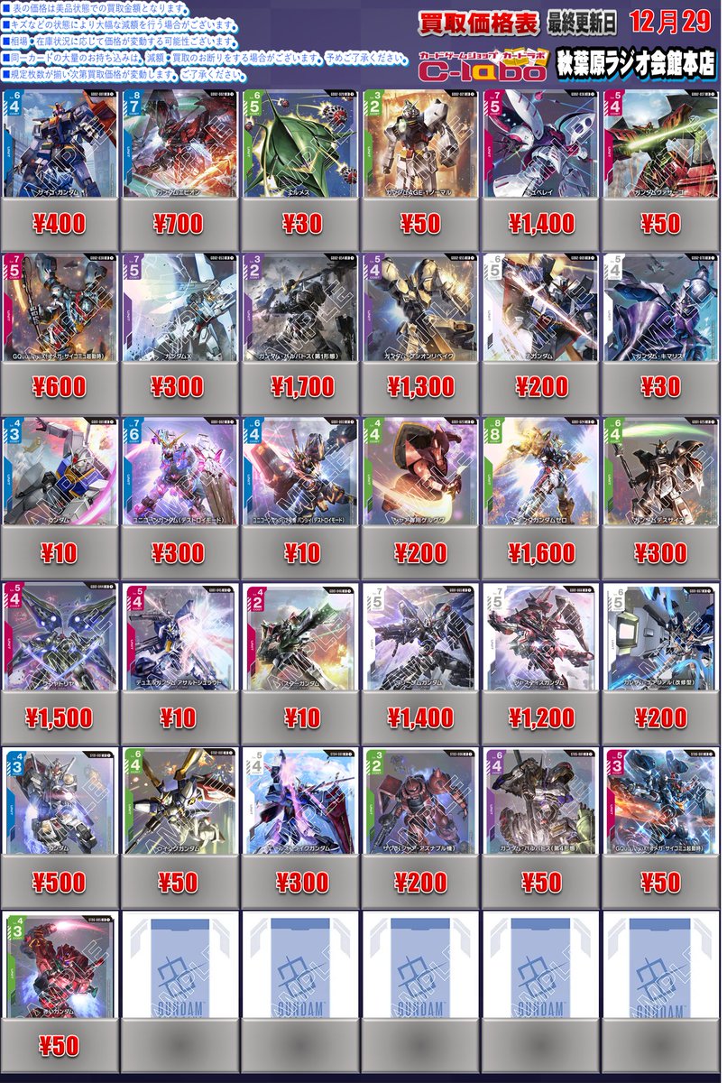 GCGまとめ売り ガンダムカードゲーム の 特別高価買取商品のお知らせ② 12/25までの