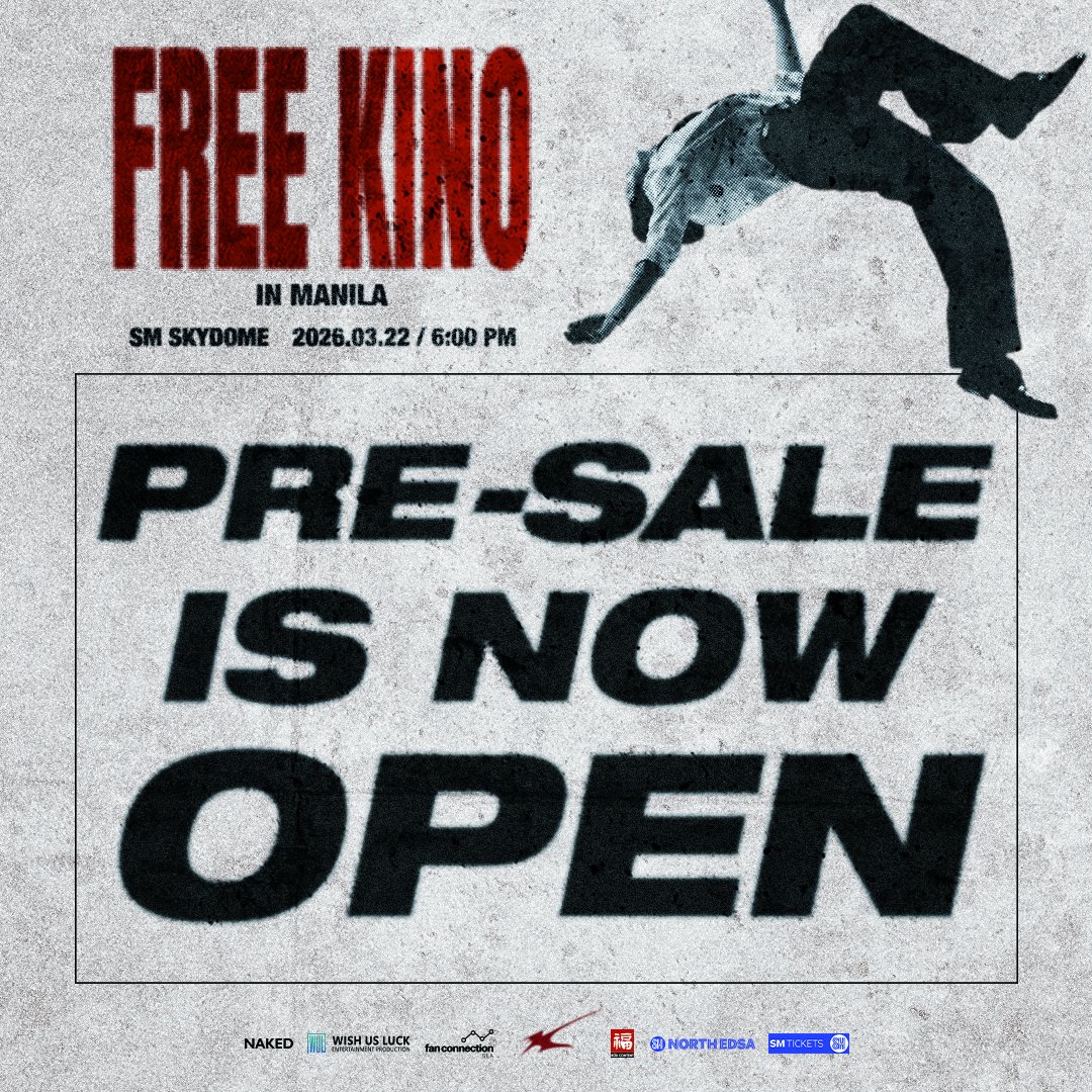 The PRESALE for FREE KINO World Tour 2026 in Manila is now officially OPEN!

Get your tickets now via wishusluck.helixpay.ph/categories/fre….

Please be reminded that only a limited selection of front-row seats for all tiers will be available during the presale. The remaining seats for each