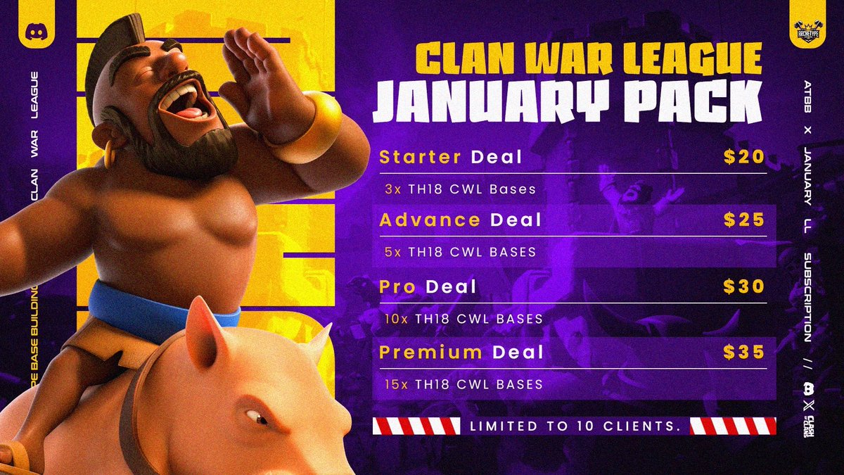 archetype_bb's tweet image. 🏆 LIMITED COMBO OFFER EXCLUSIVE DEAL 🏆

🛡️ CWL PREMIUM PACK + LEGEND LEAGUE SUBSCRIPTION 🛡️

15x CWL bases + 14-18 LL bases for just 50$.

🚨 Limited to just 3 people 🚨

discord.gg/archetype-base…