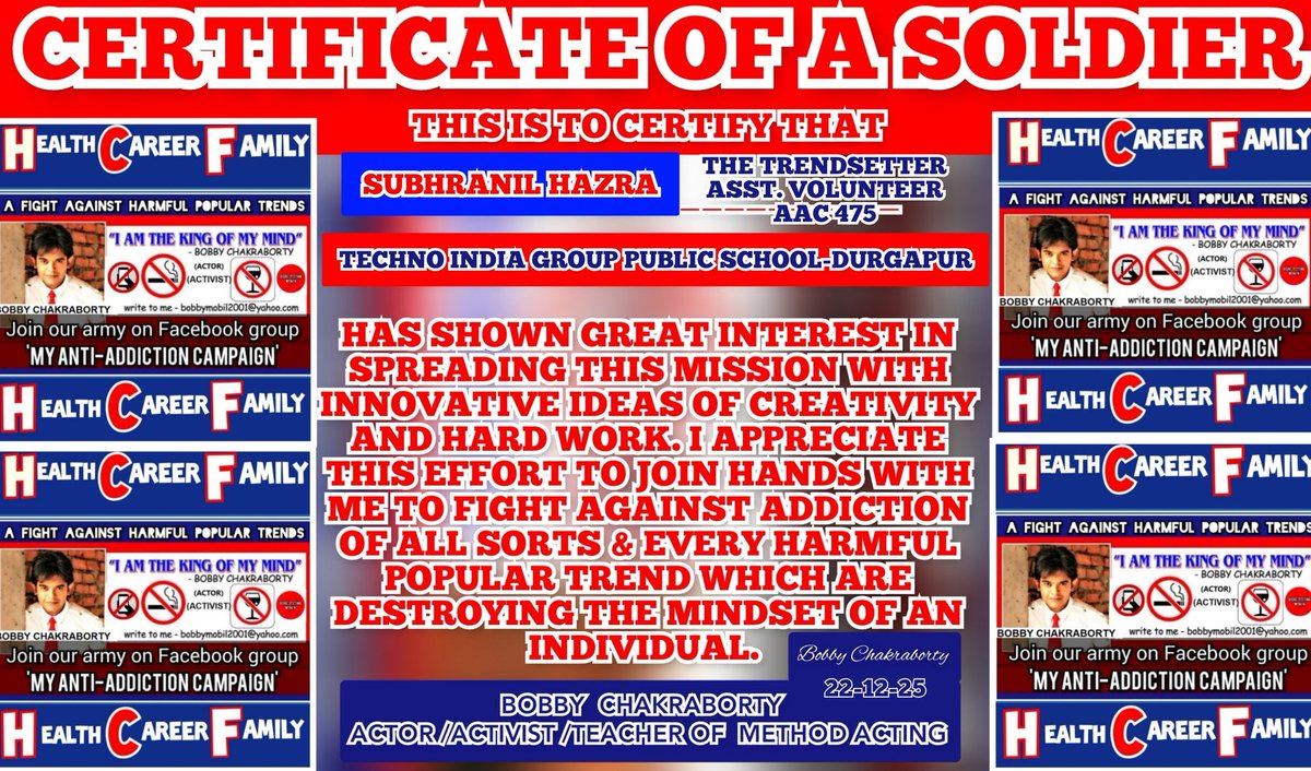 bobbytheactor's tweet image. 💥COMMUNITY SERVICE CERTIFICATES💥❤
MY ANTI ADDICTION CAMPAIGN NO.475-TECHNO INDIA GROUP PUBLIC SCHOOL DURGAPUR-SESSION 4
👇
youtu.be/gup8tmUf1Vo?si…
👇
MISSION AGAINST ADDICTION &amp;amp; HARMFUL TRENDS,AMONG THE YOUTH,FREE OF COST.
 👇
youtu.be/O2opV0ojXKE
👇
drive.google.com/file/d/1a88jTB…