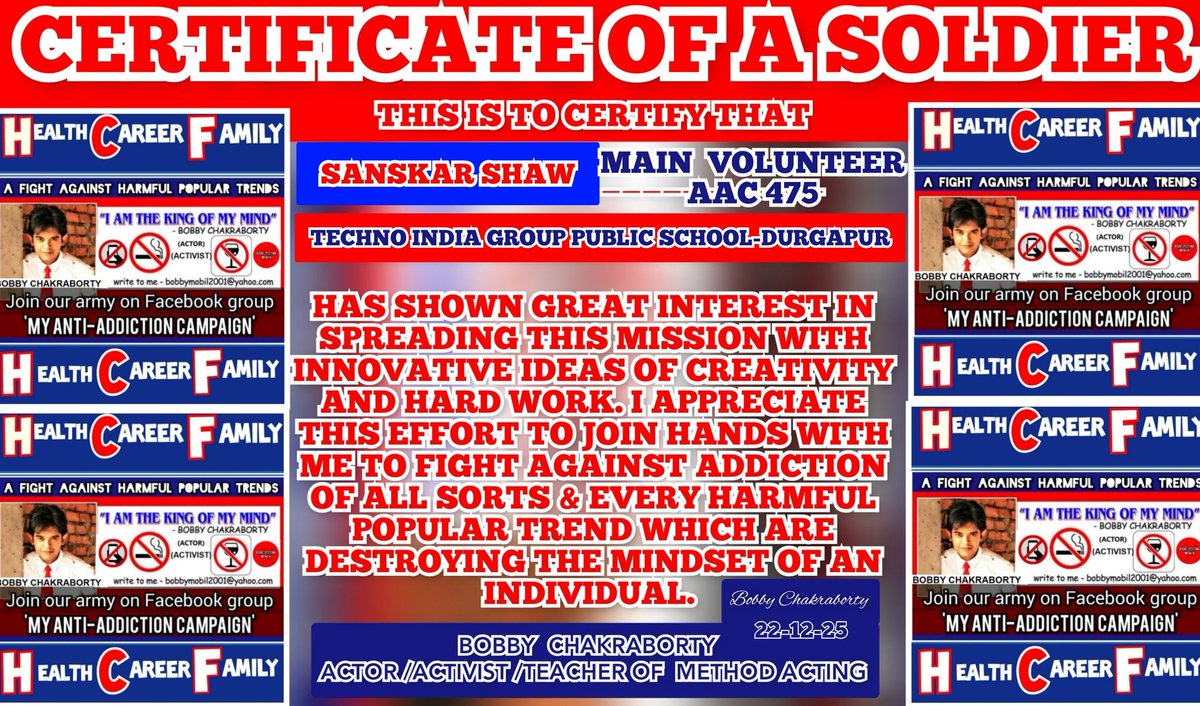 bobbytheactor's tweet image. 💥COMMUNITY SERVICE CERTIFICATES💥❤
MY ANTI ADDICTION CAMPAIGN NO.475-TECHNO INDIA GROUP PUBLIC SCHOOL DURGAPUR-SESSION 4
👇
youtu.be/gup8tmUf1Vo?si…
👇
MISSION AGAINST ADDICTION &amp;amp; HARMFUL TRENDS,AMONG THE YOUTH,FREE OF COST.
 👇
youtu.be/O2opV0ojXKE
👇
drive.google.com/file/d/1a88jTB…