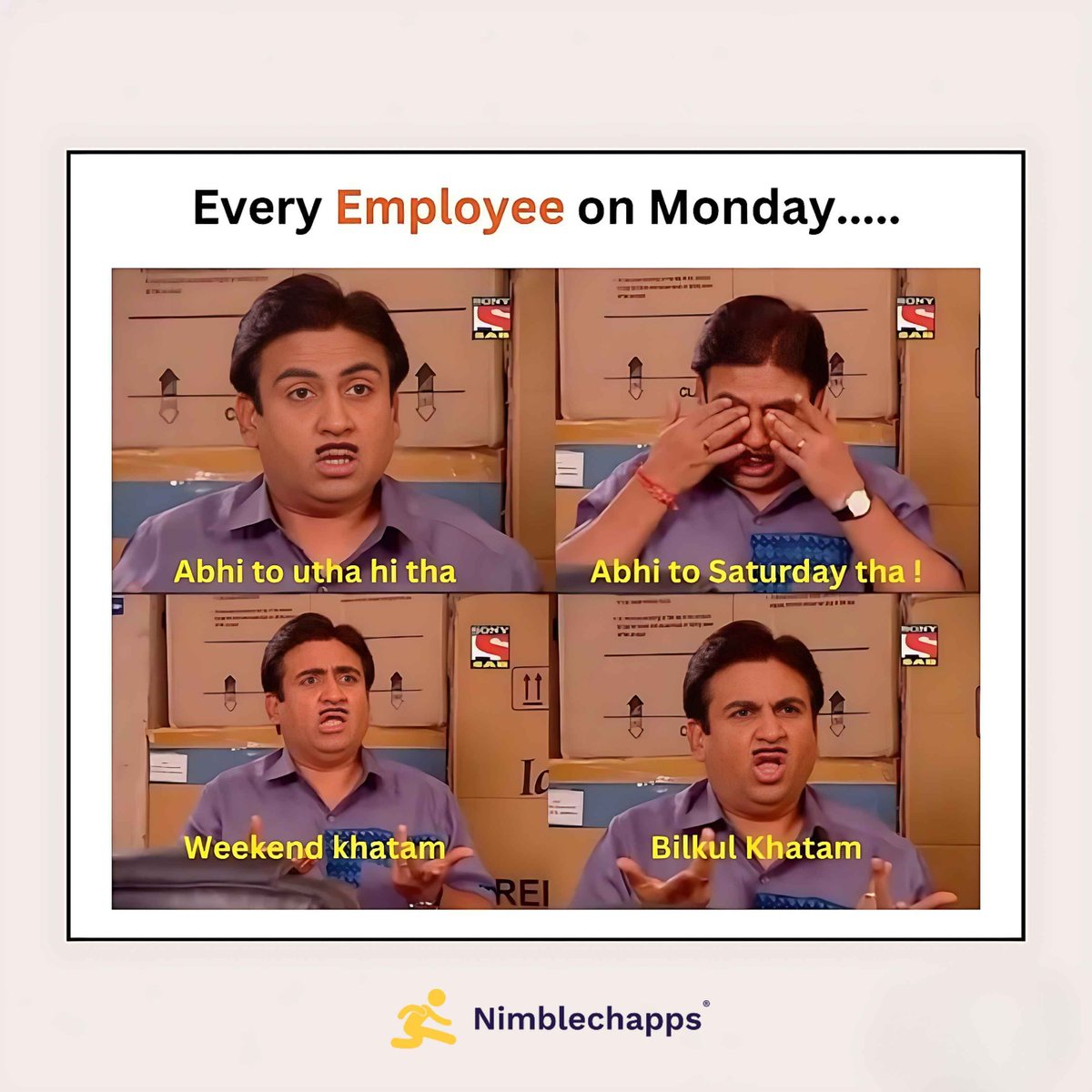 Nimblechapps's tweet photo. ๐ When You Blink Once And Boom.. Weekend Gone, Monday Activated ๐คฏ
๐ Retweet this and give a reaction if this happens every week!
#Nimblechapps #NimbleMeme #NimbleMemes #OfficeHumor #WorkLife #CorporateLife #RelatableMemes #MondayMood #WeekendOver #TechHumor #DeveloperHumor https://t.co/b8vZ2nl3vv