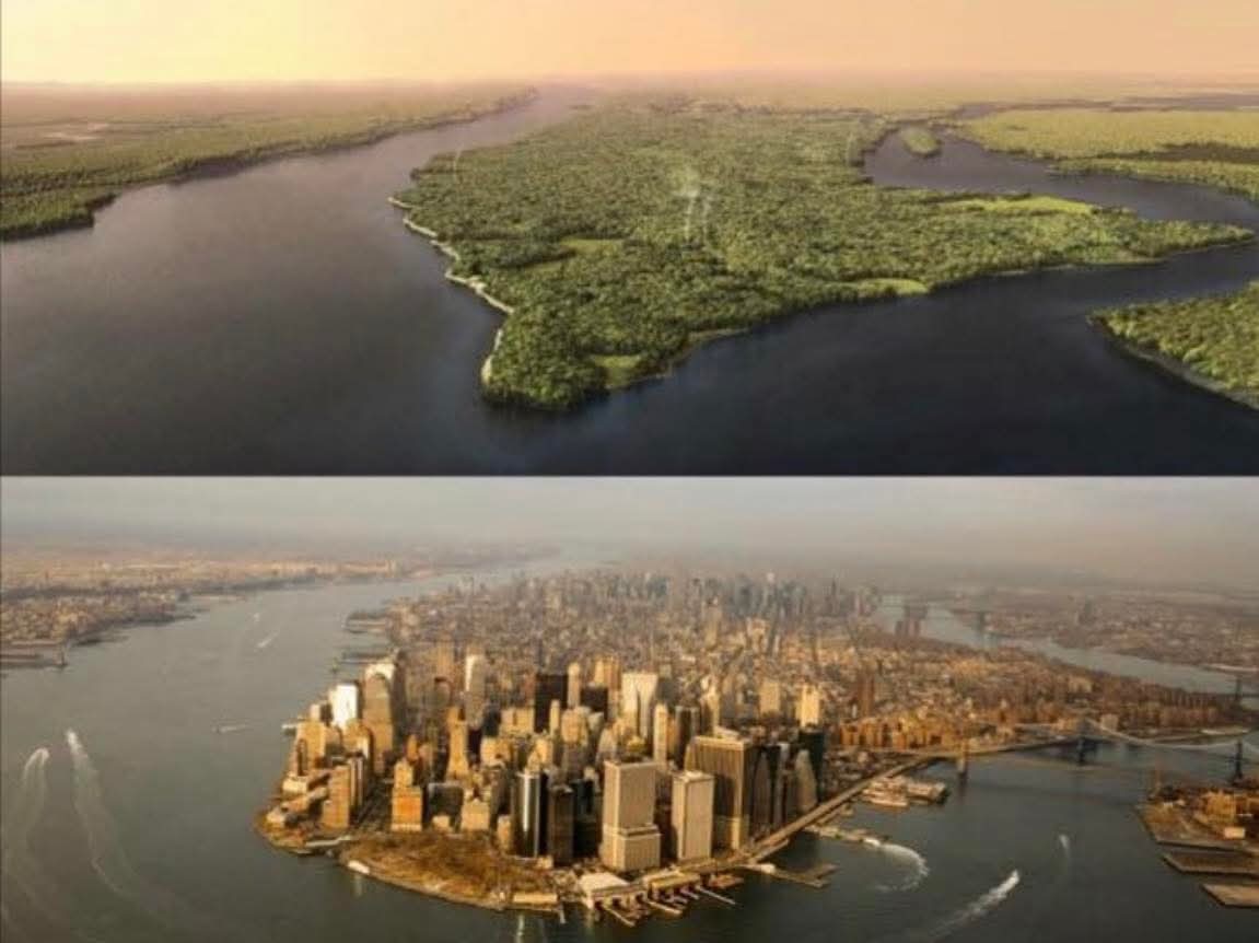 A rendering of what Manhattan would have looked in 1609, the year it was named, vs today... 

The first native New Yorkers were the Lenape, an Algonquin people who hunted, fished and farmed in the area between the Delaware and Hudson rivers.

Europeans began to explore the region