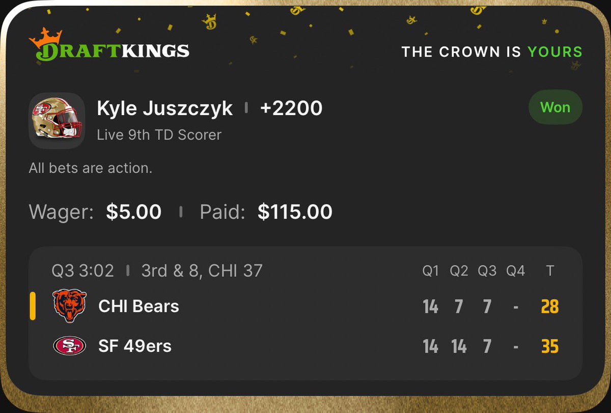 JuiceBoxLocks's tweet image. Wanted to live bet Juszczyk &amp;amp; meant to take ATD😭😭

I’ll cash the next TD tho 🤌🏻

+2200📈📈