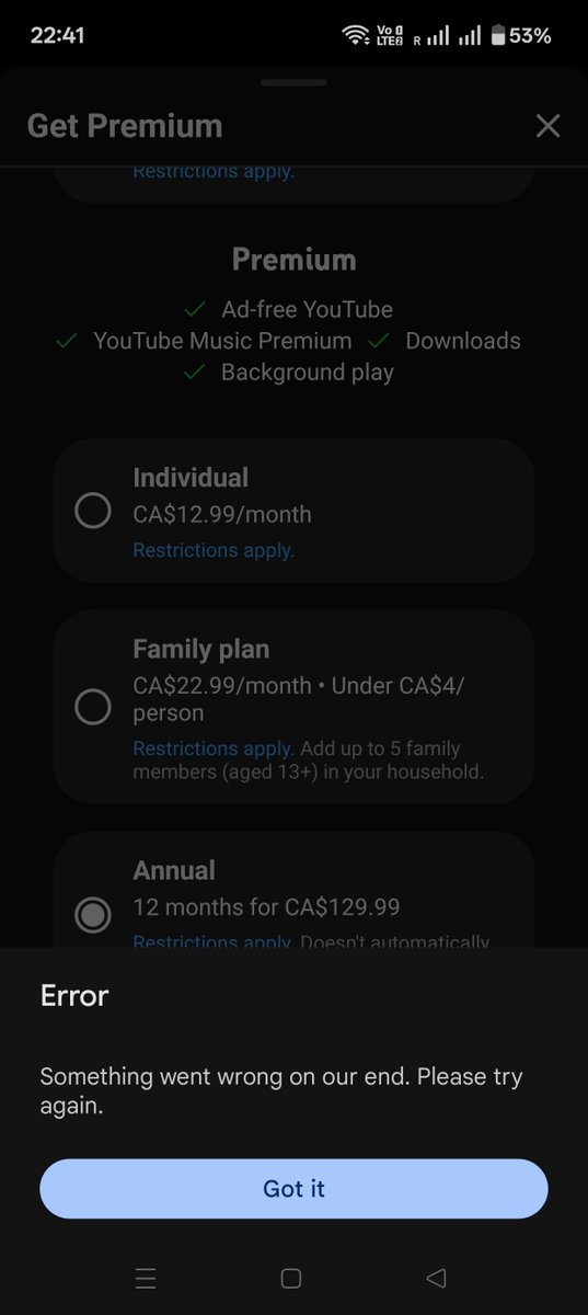 KavadeNitin's tweet photo. @YouTube @Google Unable to reactivate premium! Isn't this like a Sev-1 issue?
#youtube #premium #google #techissues #twittertech https://t.co/Sf3Zf2dYqL