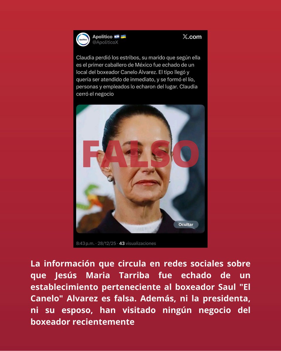 infodemiaMex's tweet photo. ❌Falso que Jesús María Tarriba, esposo de Claudia Sheinbaum, fue “echado” de un local del boxeador Canelo Álvarez  y que la presidenta ordenó cerrar el lugar 

✅La información que circula en redes sociales sobre que Jesús María Tarriba fue echado de un establecimiento perteneciente al boxeador Saúl "El Canelo" Álvarez es falsa. Además, ni la presidenta, ni su esposo, han visitado ningún negocio del boxeador recientemente