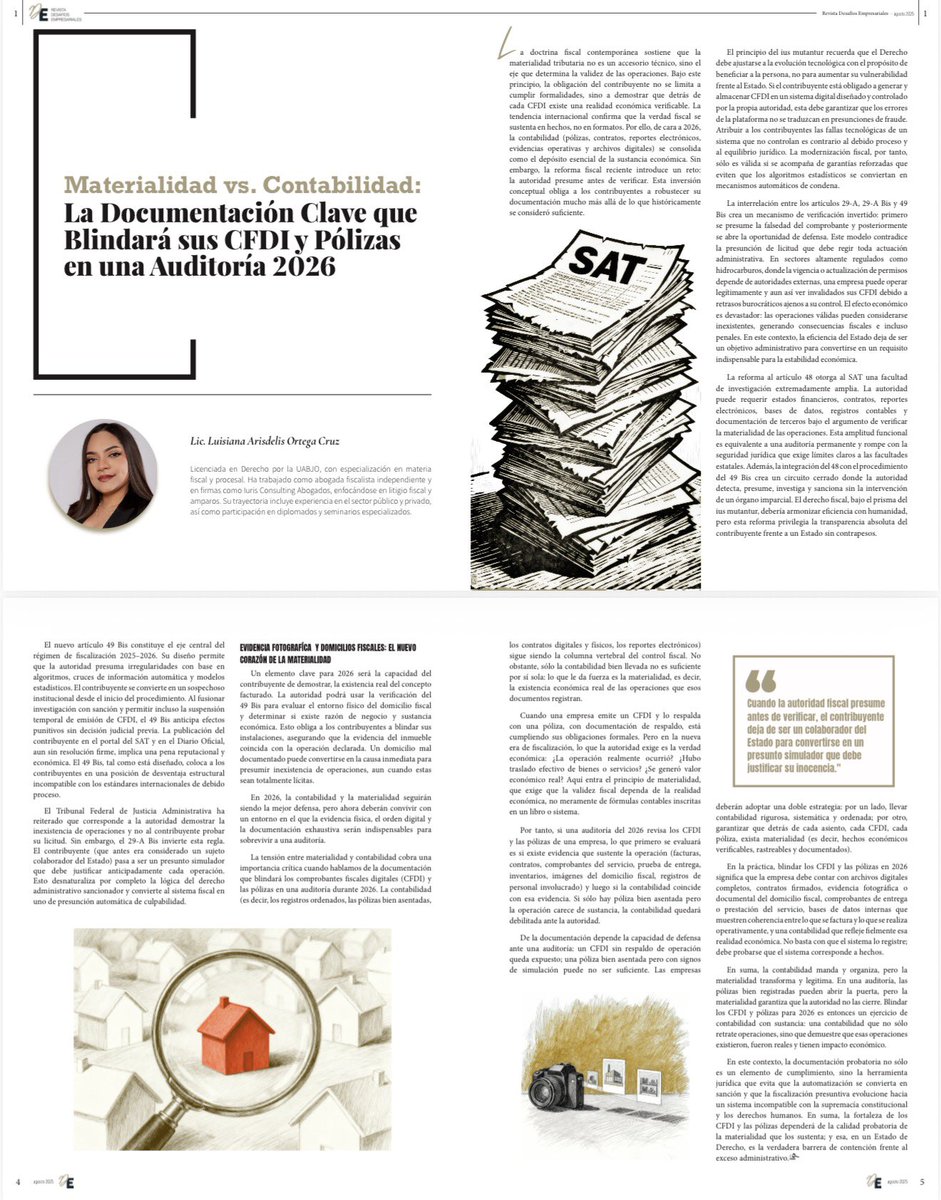 📄 Materialidad vs. Contabilidad: La Documentación Clave que Blindará sus CFDI y Pólizas en una Auditoría 2026
En este artículo que escribí para la Revista Desafíos Empresariales, analizo cómo el nuevo procedimiento del artículo 49-Bis del CFF redefine la fiscalización, colocando