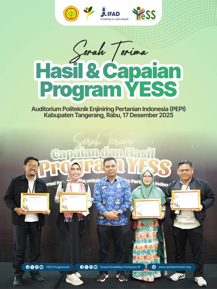yessprogramme's tweet photo. Kegiatan Serah Terima Hasil dan Capaian Program YESS dengan tema “Regenerasi Petani Muda untuk Masa Depan Pertanian Indonesia” menandai berakhirnya Program YESS setelah 5 tahun mendukung memfasilitasi petani muda Indonesia 

#YESSProgramme #Pusdiktan #BPPSDMP #PetaniMudaYESS https://t.co/5qTu6Q2i3j
