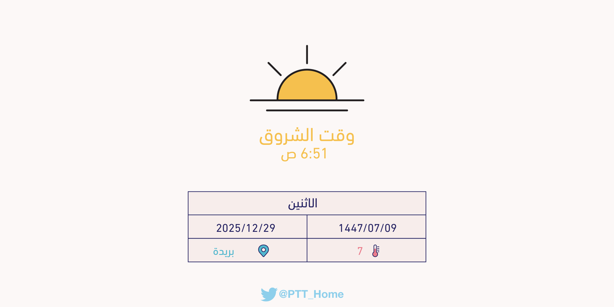 حان الان وقت الشروق حسب التوقيت المحلي لـمدينة #بريدة  6:51 ص