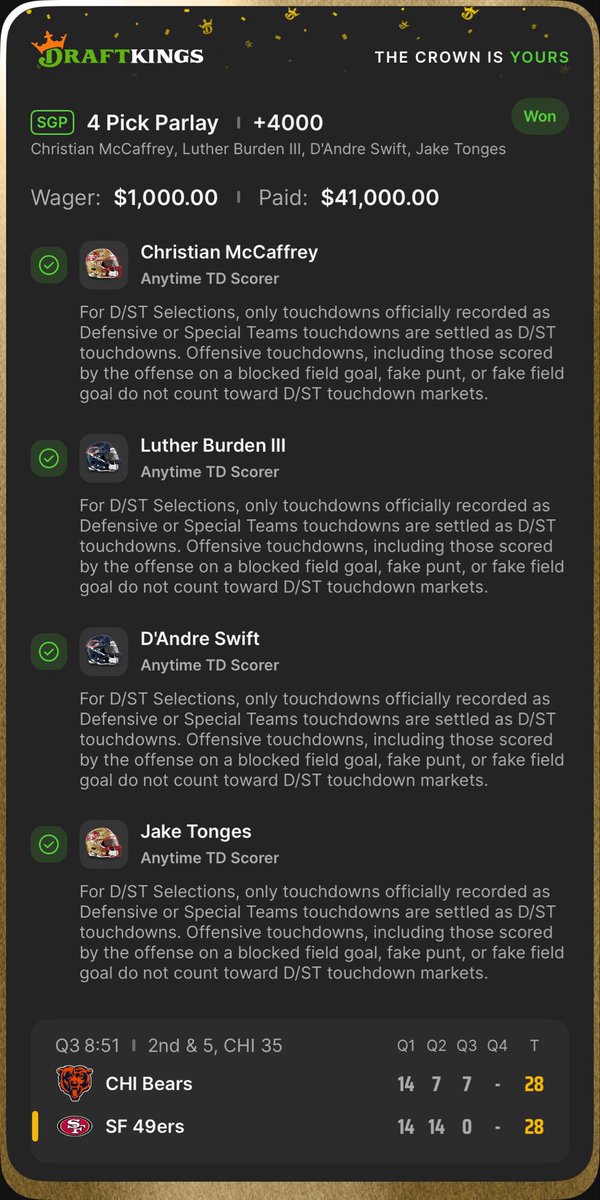 CapsCleveland's tweet photo. Figured tonight would be high scoring but didn’t have a super strong feel for where the TD’s would fall so didn’t share plays. Nailed it with Tonges, McCaffrey, Burden and Swift. Will trust my gut and share in the future https://t.co/Q50ArJZI0n