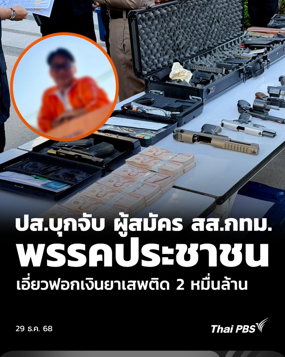 ปส.บุกจับ ผู้สมัคร สส.กทม. #พรรคประชาชน เอี่ยวฟอกเงินยาเสพติด 2 หมื่นล้าน 
.
29 ธ.ค. 68 ตำรวจปราบปรามยาเสพติด (ปส.) เข้าจับกุมผู้ต้องหา 2 ราย ซึ่งเป็นกรรมการบริษัทขนส่งที่ใช้เป็นธุรกิจบังหน้า ในคดีฟอกเงินจากเครือข่ายยาเสพติด มูลค่ากว่า 20,000 ล้านบาท