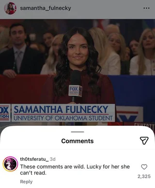Mollyploofkins's tweet photo. OU Student Samantha Fulnecky's Instagram post on her Fox News appearance https://t.co/vgLIfhWirU