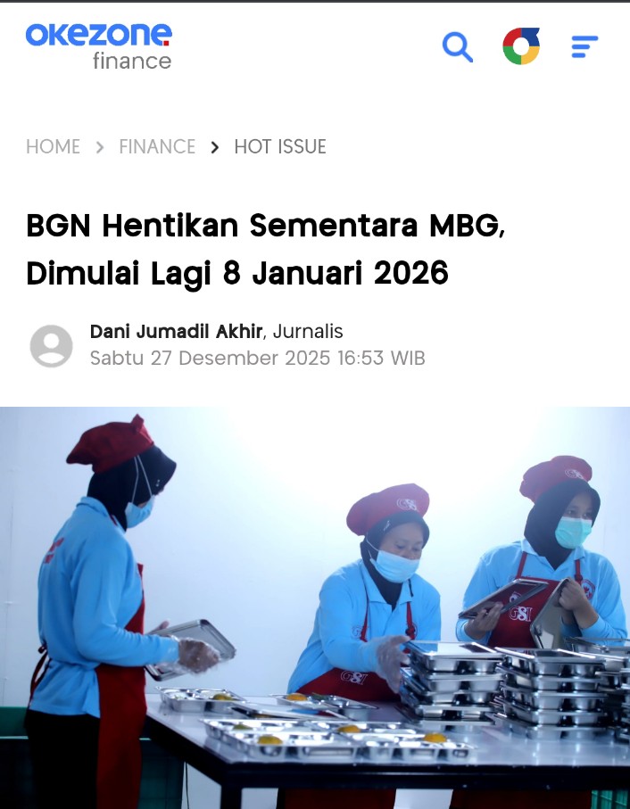 Speedtrap_'s tweet image. BGN Hentikan Sementara MBG, Dimulai Lagi 8 Januari 2026

Penetapan tanggal tersebut telah memasukkan pertimbangan waktu persiapan selama lima hari sebelumnya untuk memastikan keamanan pangan #MBG.

 :share.google/KZPItlz1ceaBK6…