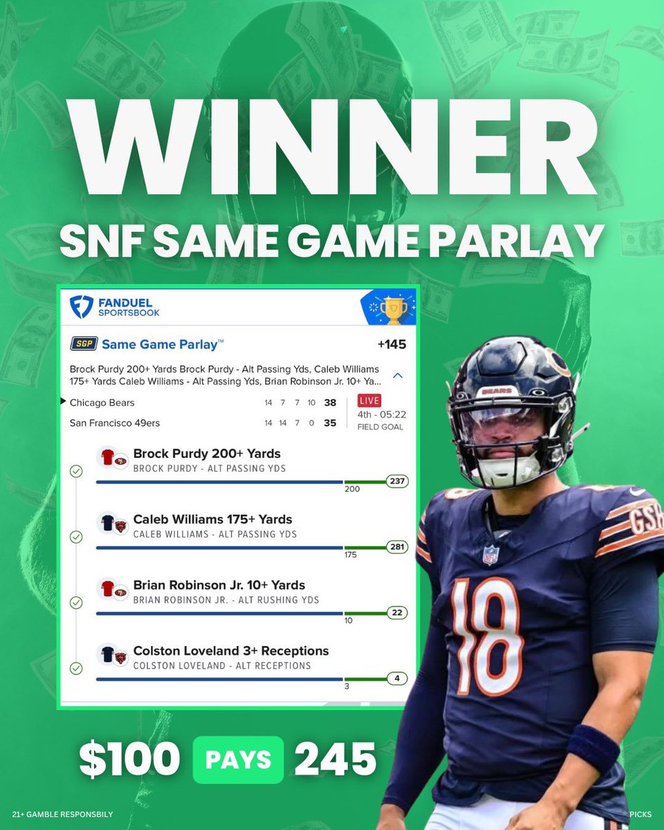 JimmySportPicks's tweet photo. 💰 CASHHHHHHHH IT!

✅ My SNF SGP wins

🔥 Sweat-free! Game of the Year!

Drop a LIKE ❤️ if you tailed! https://t.co/Pyw7p55BDx