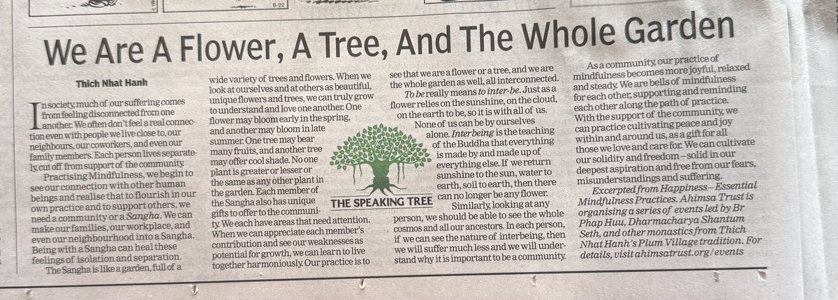 Community, Sangha, Inter being, Ubuntu. “I am because you are”

Beautiful excerpt ⁦<a href="/TOIMumbai/">TOI Mumbai</a>⁩ ⁦<a href="/speakingtree/">Speaking Tree</a>⁩