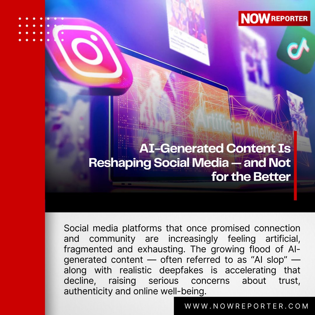 NowReporter_Guj's tweet photo. Social media was built for connection — now it’s flooded with AI slop and deepfakes. As feeds grow more artificial, trust and authenticity are paying the price. Are platforms losing what made them social?

Read More - https://t.co/6ezq3Ag5Lj

#AI #SocialMedia #Deepfakes #ai https://t.co/N359I854NL