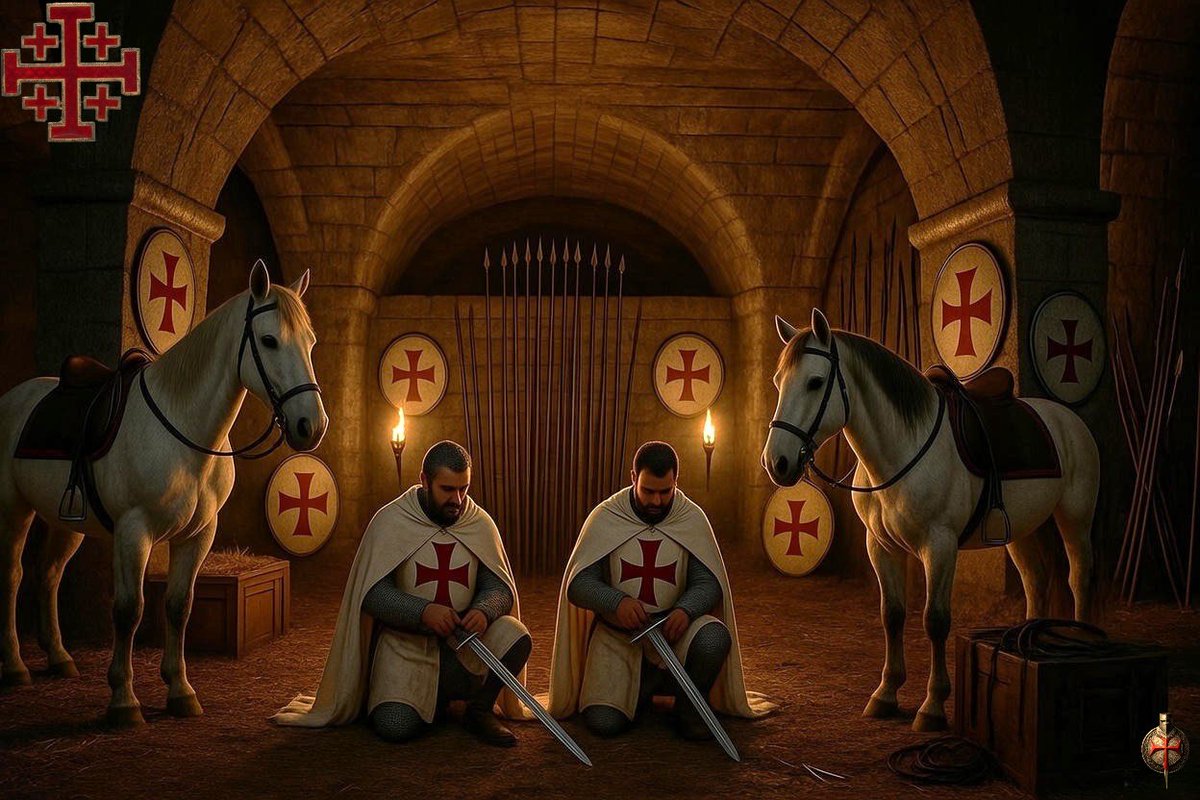 Under the arches of the Temple Mount in Jerusalem, every sword remembers why it was raised. The stones around them breathe stories that were never told, as the shadows of knights mingle with the memory of centuries that have passed through this hall."