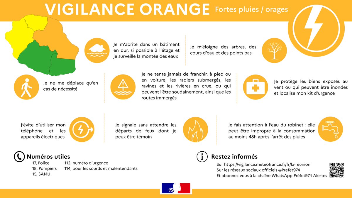 Image de Préfet de La Réunion - #Météo | #LaRéunion 🟠 Vigilance orange fortes pluies / orages en cours dans la zone Est ⛈️
ℹ️ Plus 