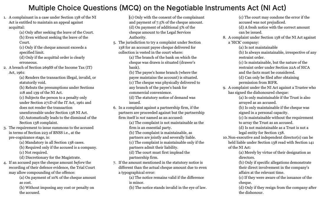 This is an MCQ on #SupremeCourt judgments on Negotiable Instruments Act. If you repost this AND get this 10/10 correct, then we will give you free #SupremeCourt yearly digest -2025 on NI Act!

Reply to this post with answers in this format: abdaacdbcb