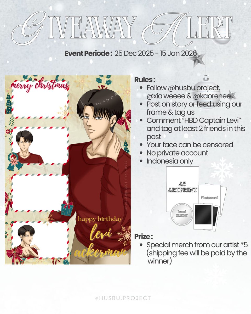 husbuproject's tweet photo. Squad, listen up.
To encourage you for the digital photoframe mission, Captain Levi has authorized a birthday giveaway just for you. ❄️⚔️
Make sure you read the requirements carefully and follow them exactly.
Proceed and claim your reward. https://t.co/SIpDoK1upk