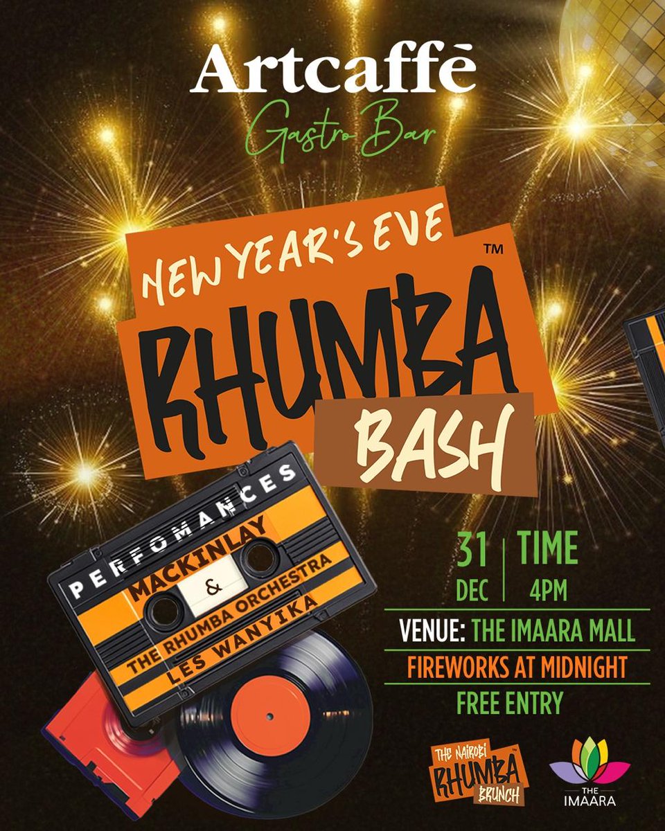 Classic105Kenya's tweet photo. Usher in 2026 the Rhumba way!

This Wednesday, 31st December, join us at Artcaffè Gastro Bar, Imaara Mall for a New Year’s Eve Rhumba Bash. Music from 4PM and fireworks at midnight... And yes, it’s FREE ENTRY!

#ImaaraMall #NYEFireworks #FamilyCelebration #RhumbaBrunch https://t.co/bU26yrCp5U