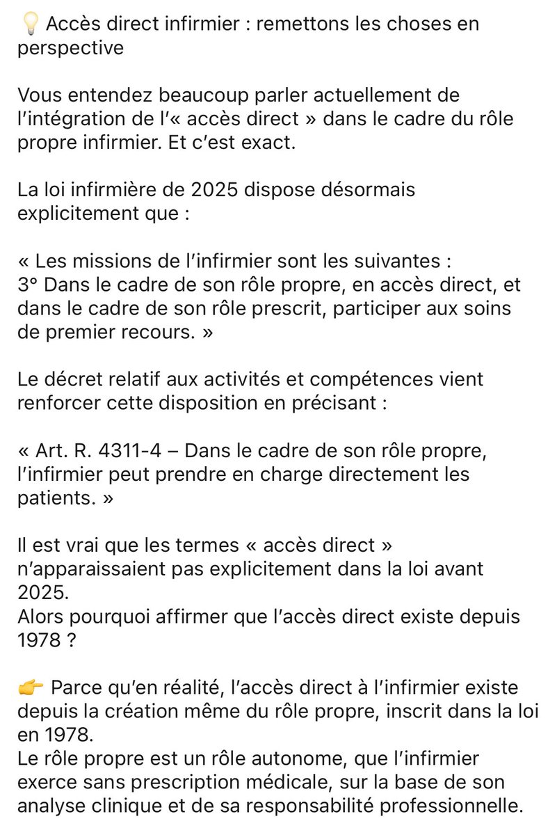 VLautard's tweet image. L’accès direct à l’infirmier dans le cadre de son rôle propre existe depuis 1978 et non depuis la dernière loi #infirmière de 2025. 

Explications 👇