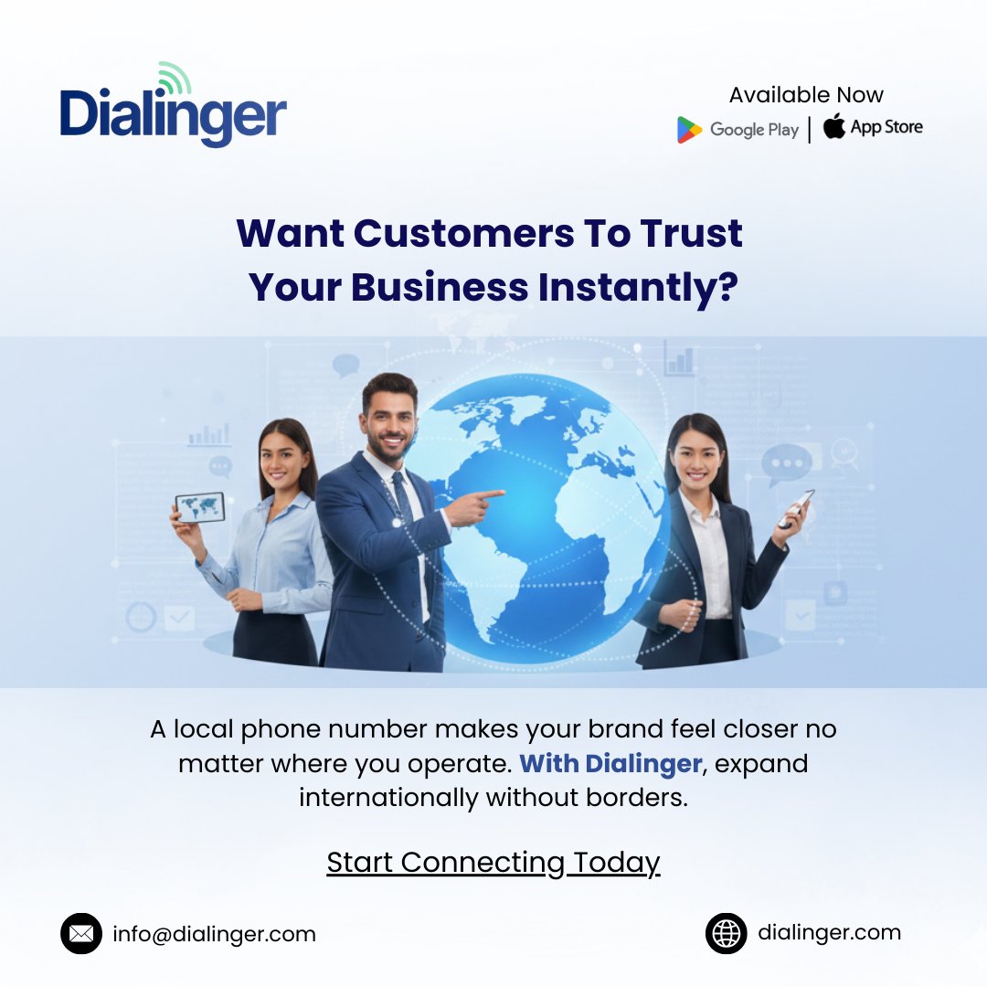 dialinger_'s tweet image. Want customers to trust your business instantly?

A local phone number makes your brand feel closer — no matter where you operate.
With Dialinger, expand internationally without borders.
Start connecting today 📲

#BusinessGrowth #VirtualNumbers #Dialinger #RemoteBusiness