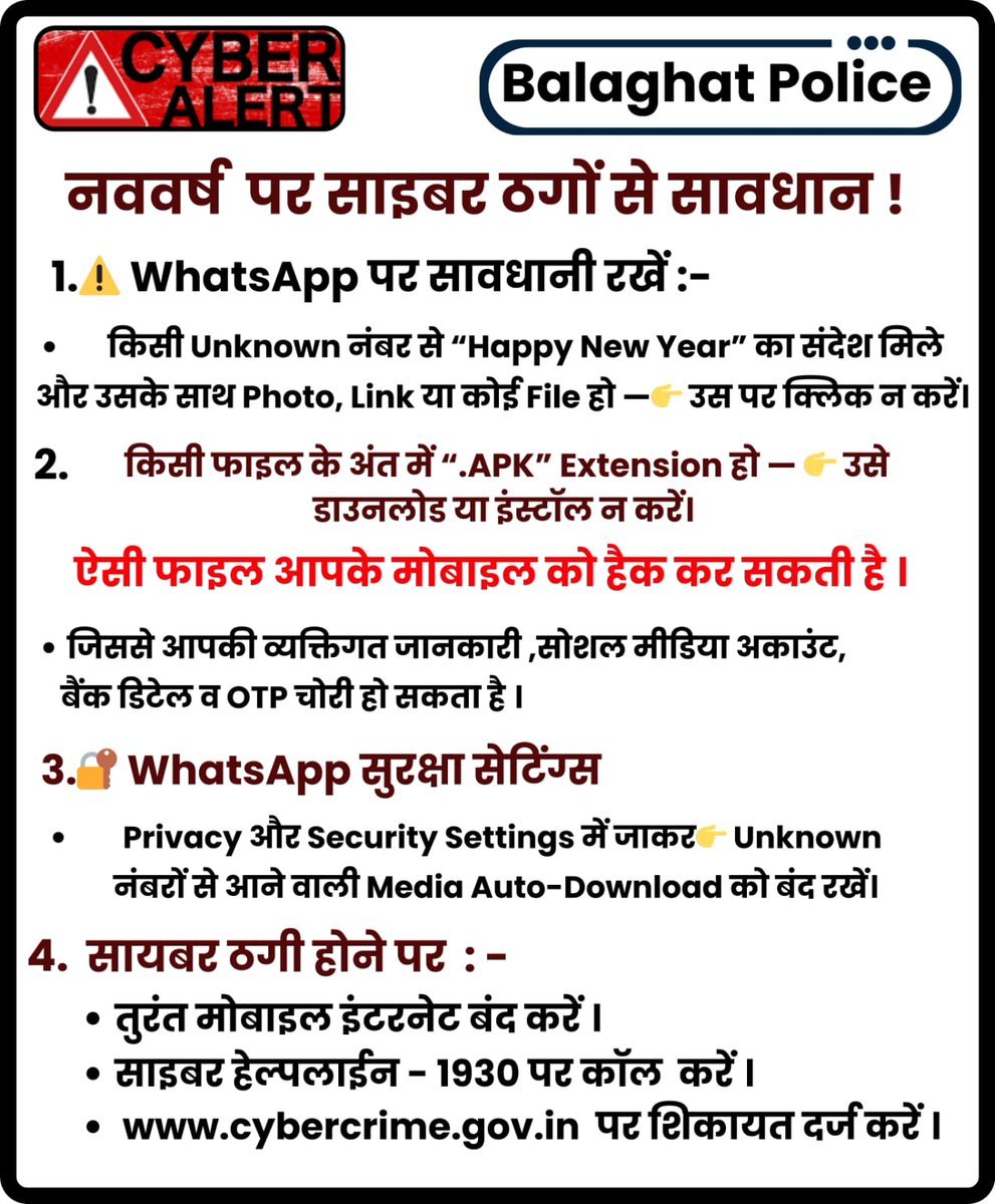 SP_Balaghat's tweet photo. #बालाघाट
🚨 नव वर्ष के अवसर पर साइबर ठगी से संबंधित फर्जी कॉल, मैसेज व लिंक से सतर्क रहें।
@CMMadhyaPradesh @dgp @MPPoliceDeptt #BalaghatPolice #CyberSecurity #CyberFraudAwareness #CyberSafeNewYear #OnlineFraudAlert #FakeCallAlert #FakeMessageAlert #OTPNeverShare #UPISafety #DigitalSafety #StayAlertStaySafe #CyberCrimeIndia #1930CyberHelpline #OnlineSafety #FraudPrevention