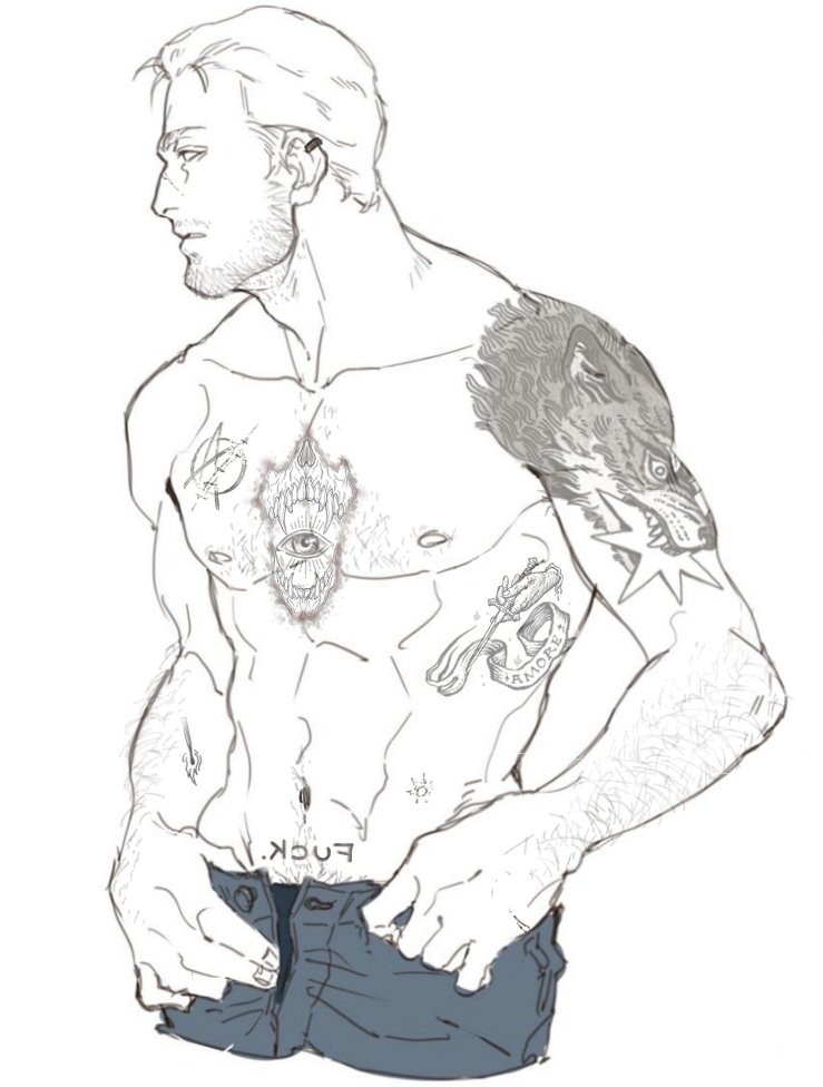 matt69bmo's tweet image. this is someone else's art, and I know it's wrong to do so, but I used it as a reference for my Gavin and his tattoos/scars/body hair
sorry🙏😣🥺