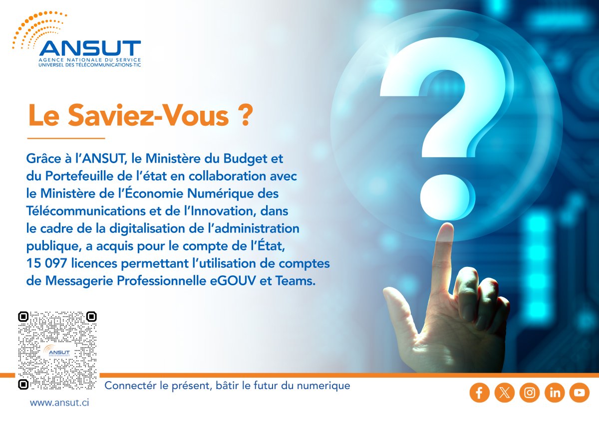 💻 Digitalisation de l’administration publique : une étape majeure !

Grâce à l’ANSUT, le Ministère du Budget et du Portefeuille de l’État, en collaboration avec le Ministère de l’Économie Numérique, des Télécommunications et de l’Innovation, a acquis 15 097 licences pour