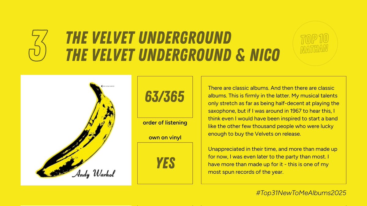 #Top31NewToMeAlbums2025

3
🗣️ The Velvet Underground
💿 The Velvet Underground &amp; Nico

One of the most important albums ever made. Beyond influential, a classic for very good reason.

Favourite songs:
- Venus In Furs
- I'm Waiting For The Man
- All Tomorrow's Parties