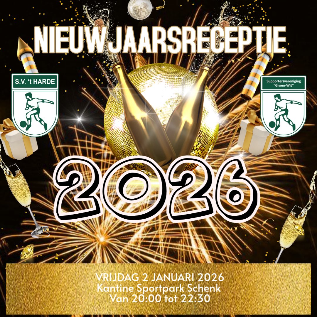 Uitnodiging nieuwjaarsreceptie 2026
￼
Hierbij willen wij u van harte uitnodigen voor de nieuwjaarsreceptie op vrijdag 2 januari 2026 in de kantine van S.V. ‘t Harde.
 
svtharde.nl/2025/12/29/uit…