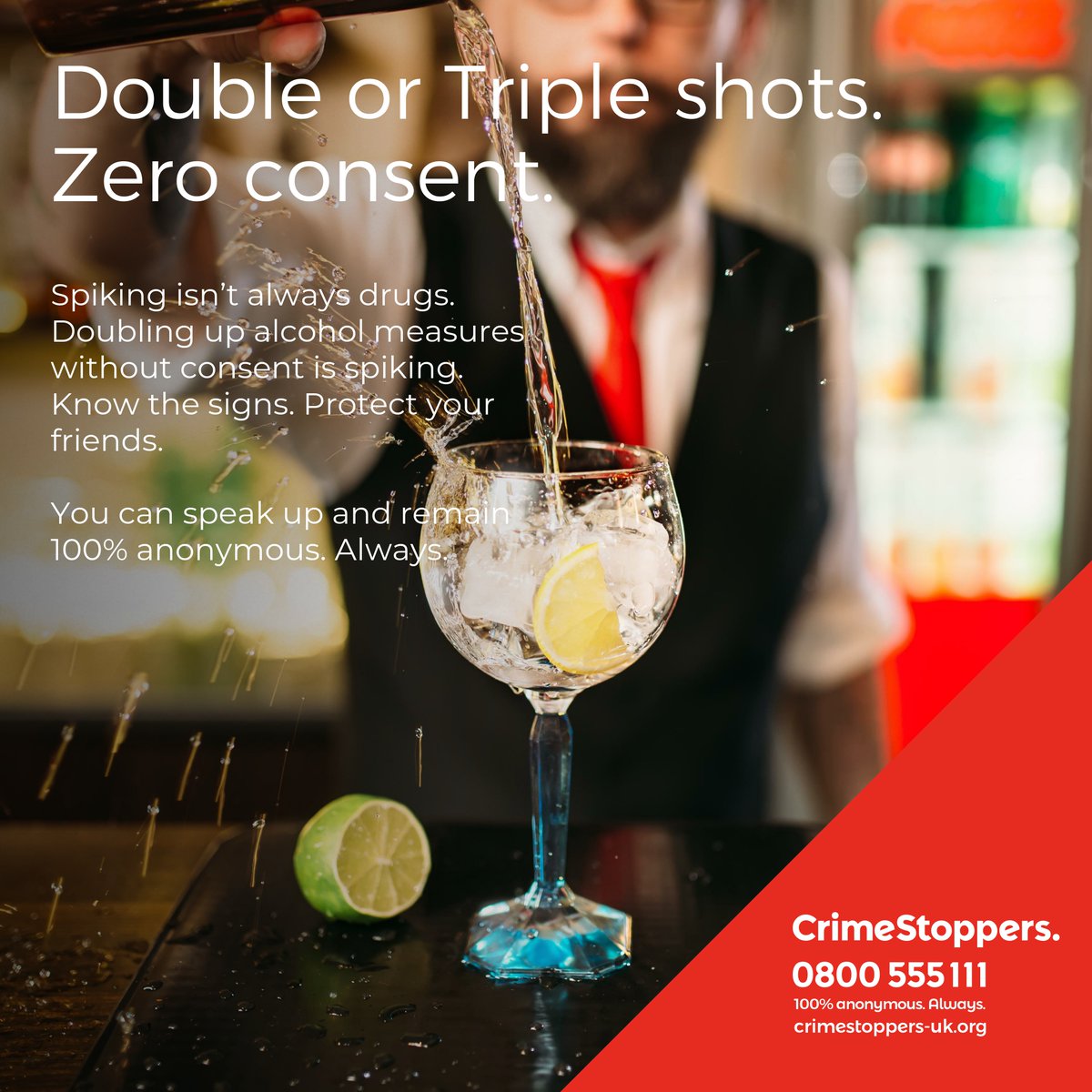 Spiking can mean slipping something into a drink - but it can also mean doubling alcohol measures without consent.

Signs to watch out for include loss of coordination, difficulty walking or moving and impaired vision.

If you see it, speak up anonymously: crimestoppers-uk.org/get-involved/c…