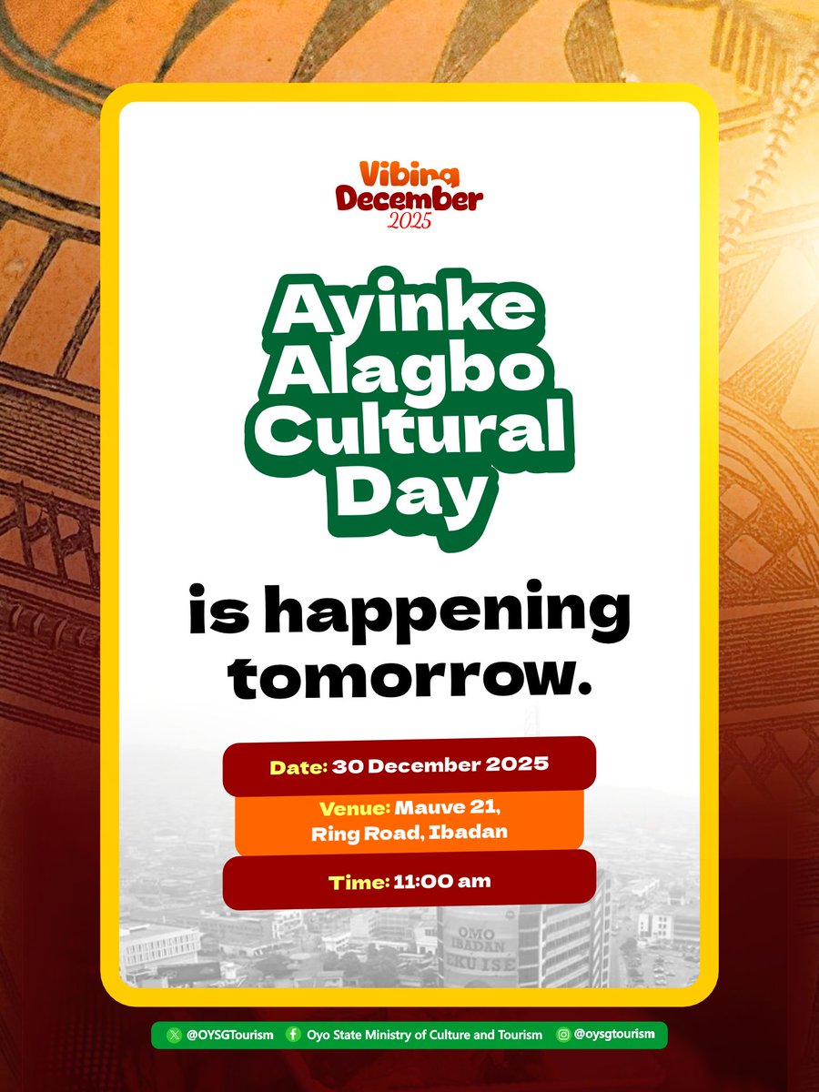 OYSGTourism's tweet photo. Ayinke Alagbo Cultural Day - a day to showcase the efficacy of our traditional herbs for healthcare delivery is tomorrow! Come, let’s celebrate our traditional heritage! #VibingDecember https://t.co/INhZ3Awkaa
