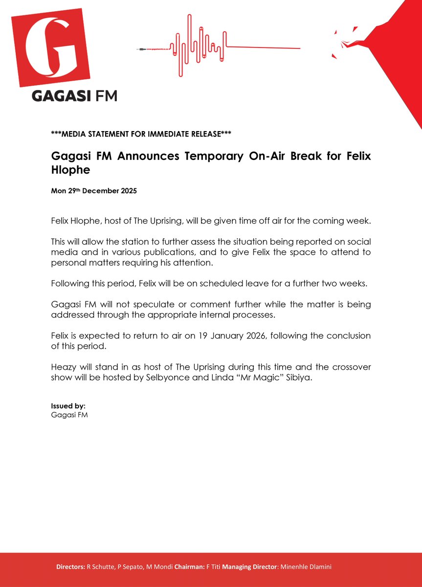 gagasifm's tweet image. Gagasi FM Announces Temporary On-Air Break for Felix Hlophe 

#GagasiFM
#TheSoundOfKZN