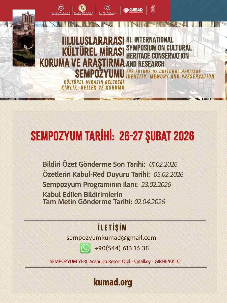 Kültürel Mirası Koruma ve Araştırma Derneği (KÜMAD) tarafından başlatılan Uluslararası Kültürel Miras Koruma ve Araştırma Sempozyumu’nun üçüncüsünü, KKTC Millî Arşiv ve Araştırma Dairesi, KKTC Eski Eserler ve Müzeler Dairesi ile Alashia Terracotta Sanat Topluluğunun ortaklığı ve
