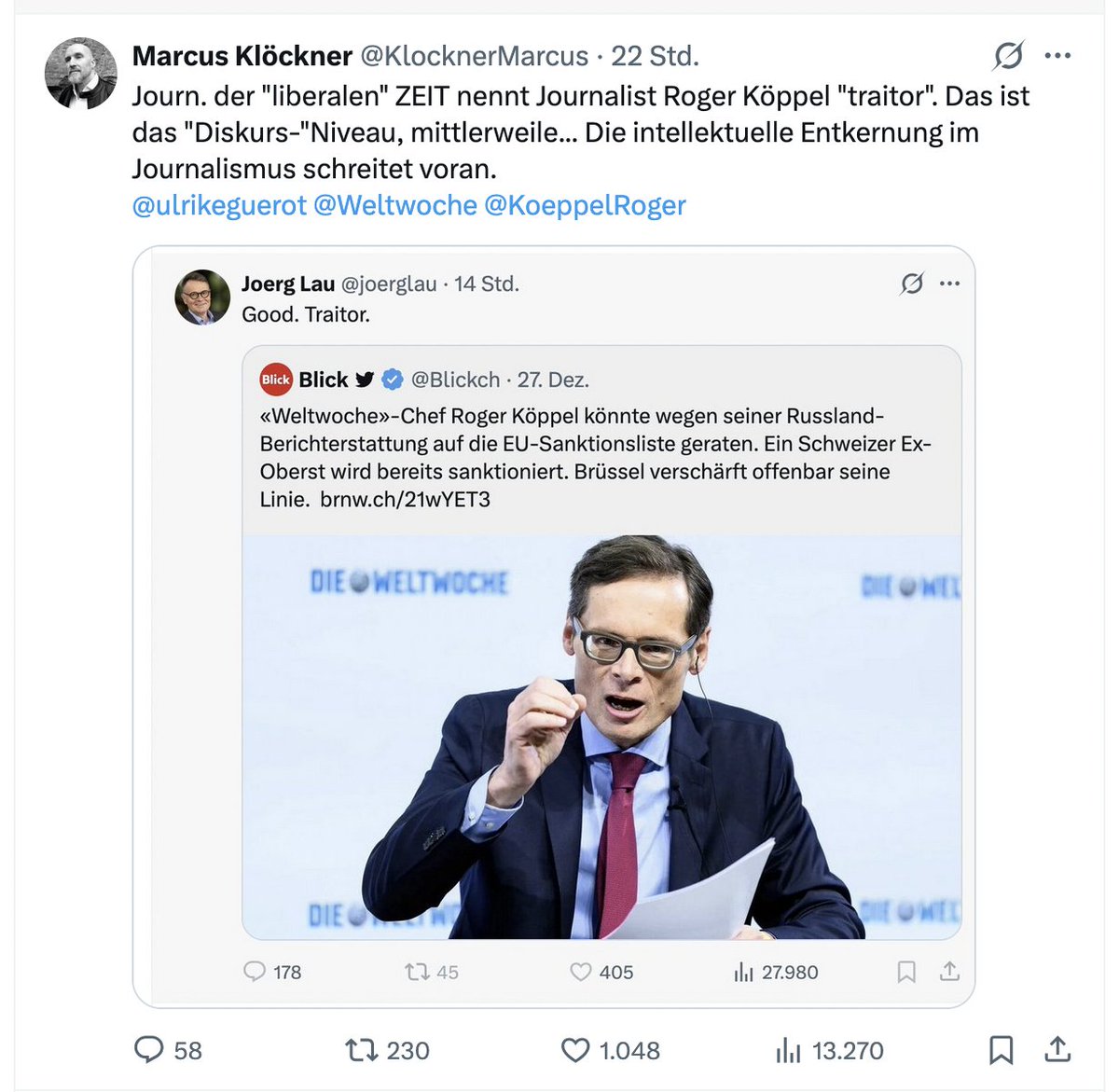 Mittlerweile hat der Zeit-Journ. den Tweet gelöscht. Eine erschreckende Gedankenwelt war sichtbar. An Einsicht darf gezweifelt werden. Diskussion in einer Demokratie heißt: Argumente vorzutragen. "Traitor" = kein Argument.