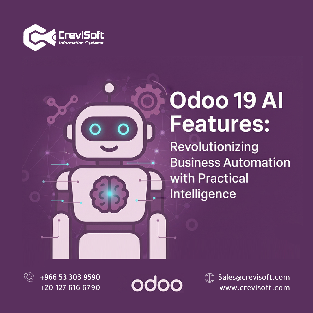 Crevisoft's tweet photo. 🤖 Odoo 19 AI is redefining business automation.
Smarter workflows. Better decisions. Real results.
At Crevisoft, we turn AI into real business value. 🚀
📩sales@crevisoft.com
 🌐https://t.co/GdFii8pdkl
📲 +966 53 303 9590
📲 +20 1276 166 790
#Odoo19 #AI #ERP #BusinessAutomation https://t.co/w67uAZW6hZ
