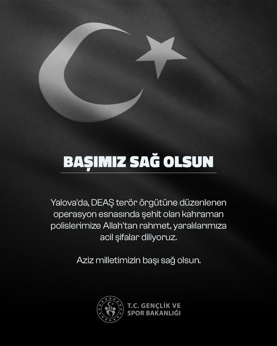 Yalova'da, DEAŞ terör örgütüne düzenlenen operasyon esnasında şehit olan kahraman polislerimize Allah'tan rahmet, yaralılarımıza acil şifalar diliyoruz. 

Aziz milletimizin başı sağ olsun. 🇹🇷