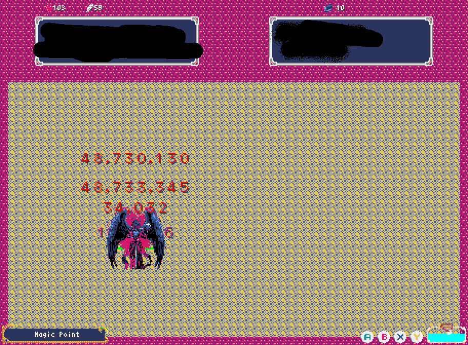 _moq_'s tweet photo. #Pyxel #ゲーム制作記 67日目
ボス戦の画面表示周りを修正。UI見えないの前作普通だったからすっかり忘れてました。ダメージが分かりにくかったのでポップアップも添えて。
このテスト中にテストプレイデータを上書きしちゃってもう😂 https://t.co/d9LEySYgUh