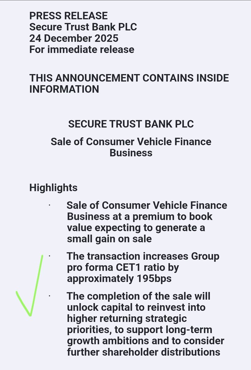 MyDeargDoom's tweet image. Secure Trust Bank #STB
Share Price 1245p (+13.71%)

Sale of Consumer Vehicle Finance Division

CEO Corfield said

"significant step forward in delivering on our strategic priorities, focusing capital and energy on Core business areas and improving our returns for shareholders."