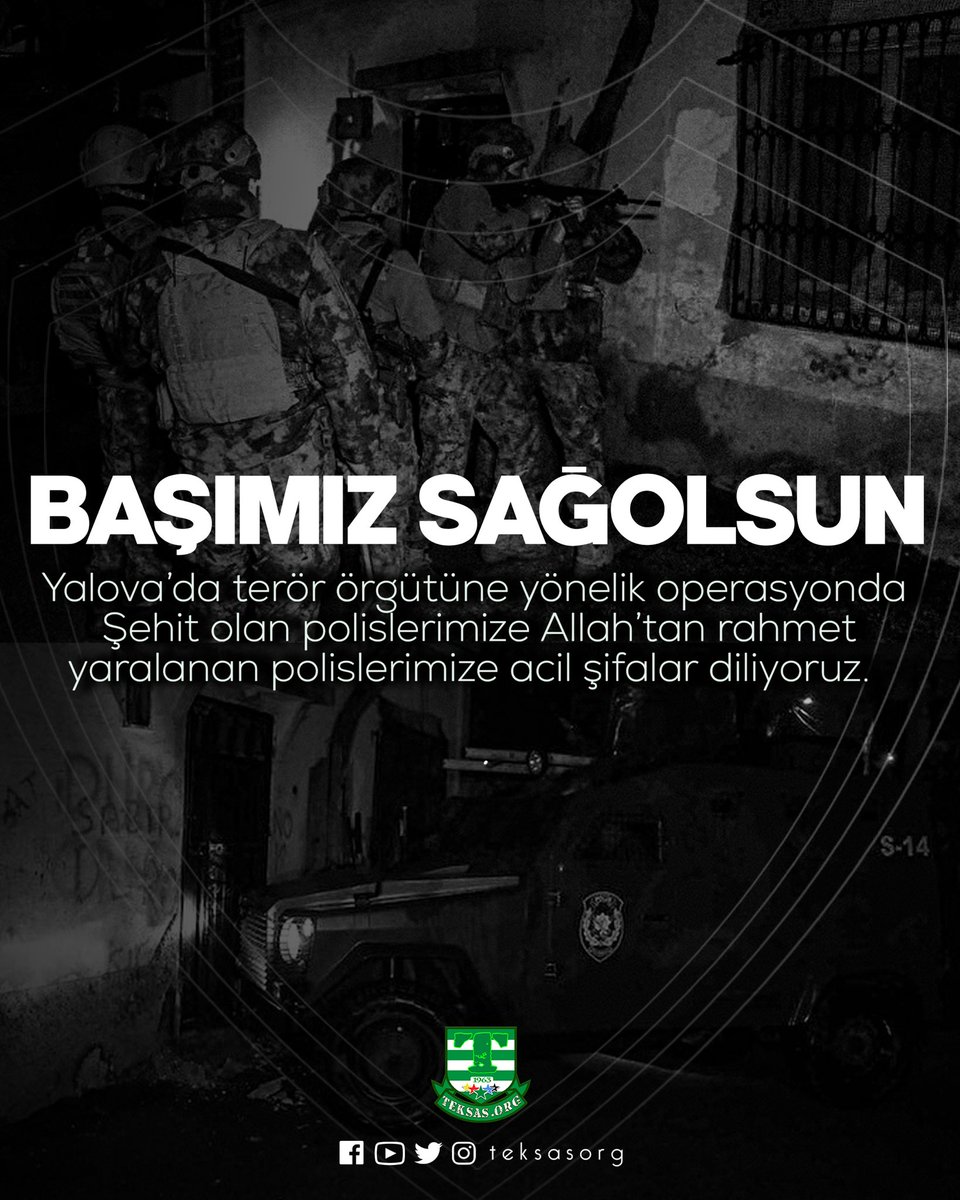 BAŞIMIZ SAĞOLSUN 🇹🇷
Yalova’da hain terör örgütüne yönelik operasyonda şehit düşen polislerimize Allah’tan rahmet, yaralanan polislerimize acil şifalar diliyoruz.
Teröre geçit vermeyen kahramanlarımızın hakkı ödenmez!