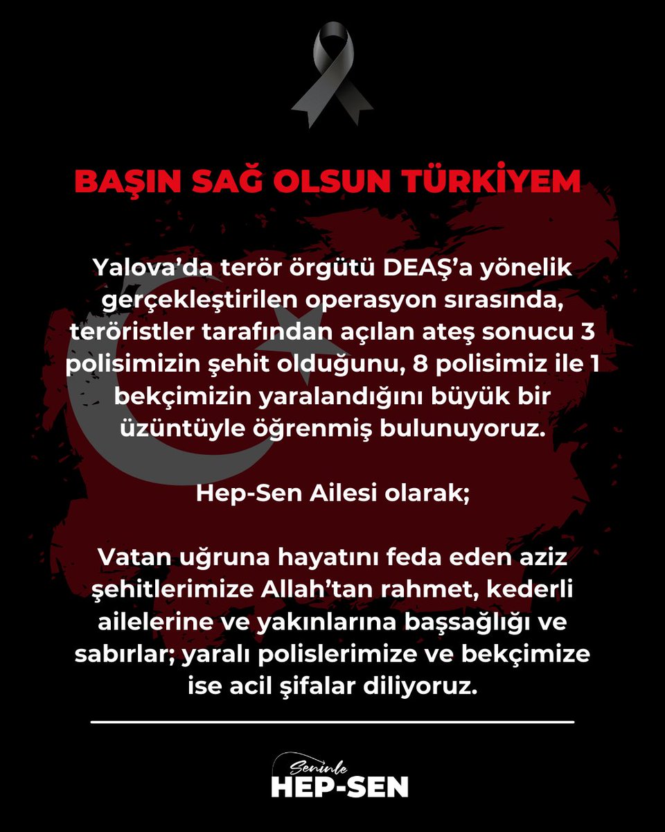 hepsen_2020's tweet image. BAŞIN SAĞOLSUN TÜRKİYE 

Yalova’da terör örgütü DEAŞ’a yönelik gerçekleştirilen operasyon sırasında, teröristler tarafından açılan ateş sonucu 3 polisimizin şehit olduğunu, 8 polisimiz ile 1 bekçimizin yaralandığını büyük bir üzüntüyle öğrenmiş bulunuyoruz..

Hep-Sen Ailesi…