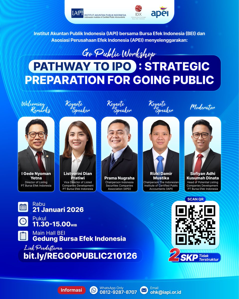 iapi_official's tweet image. IAPI bersama Bursa Efek Indonesia dan Asosiasi Perusahaan Efek Indonesia menyelenggarakan Go Public Workshop bertema:
 “Pathway to IPO: Strategic Preparation for Going Public”

🔗 Daftar sekarang: bit.ly/REGGOPUBLIC210…
 
#IAPI #IPO #GoPublic #WorkshopIPO #PathwayToIPO