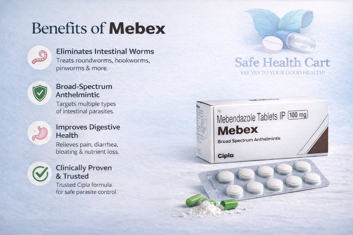 NencyThomson's tweet photo. Parasites can silently affect digestion and overall health. Mebex (Mebendazole 100 mg) is a broad-spectrum anthelmintic that helps eliminate intestinal worms and supports digestive wellness.
Available at https://t.co/BcIuC5aOSs
#Mebex #Mebendazole #ParasiteCare #SafeHealthCart https://t.co/PH7U8HfsAd